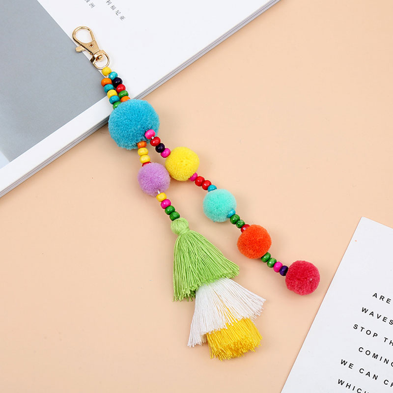 1pc Boho Style Colorful Keychains Wooden Beads Pompom Keyring With Rainbow Tassel Jewelry For Summer Women: Blue