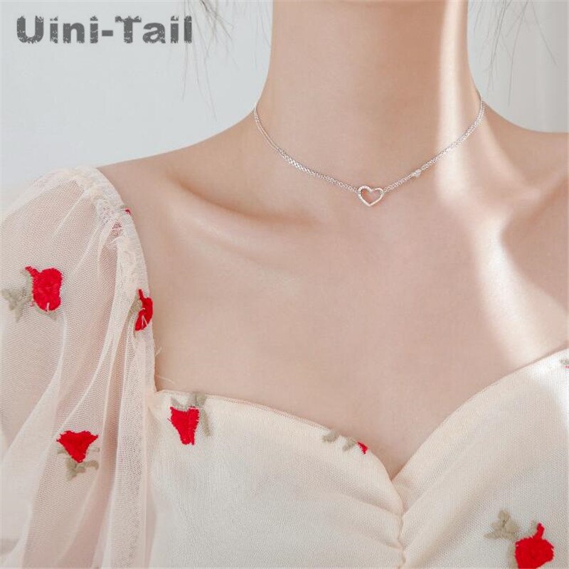 Uini-coda di vendita calda nuovo 925 sterlina d'argento doppio cuore-a forma di micro intarsiato collana di disegno della cavità romantico dolce fata dei monili