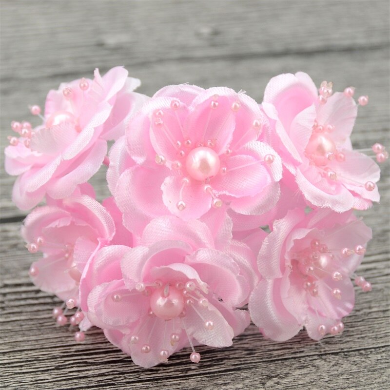 12 unidades/lote estambres de perlas Mini ramo de flores artificiales de seda de color rosa para decoración de boda DIY, accesorios para tocado de flores de novia