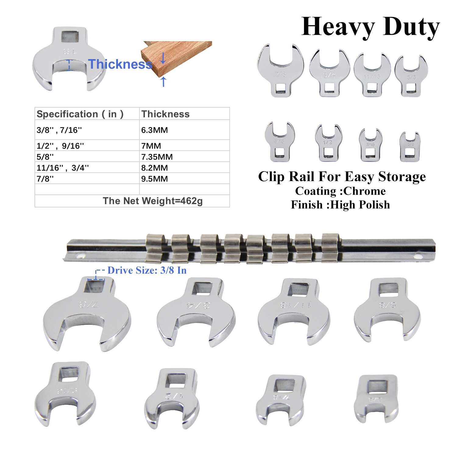 8 Pcs 3/8 Inch Drive Crowfoot Wrench Set 3/8 to 7/8 in. SAE Chrome Plated Crow Foot