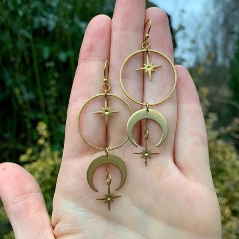 Exaggerated Moon Crow Skull Earrings Stars and Moon Bohemian Healing Celestial Witchy Metaphysical Jewelry: A