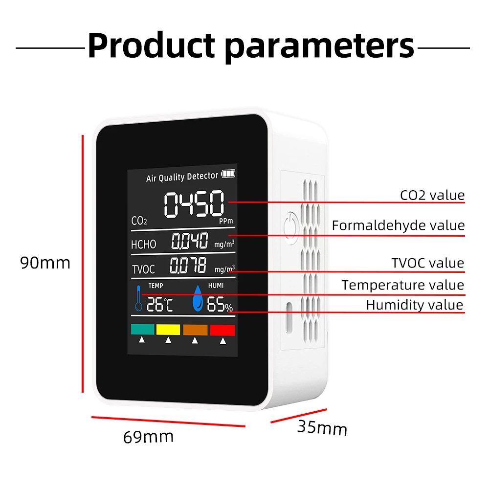 5-in-1 digitale luchtkwaliteitsmonitor CO2 HCHO TVOC Vochtigheids- en temperatuurmonitor CO2-tester LCD oplaadbaar