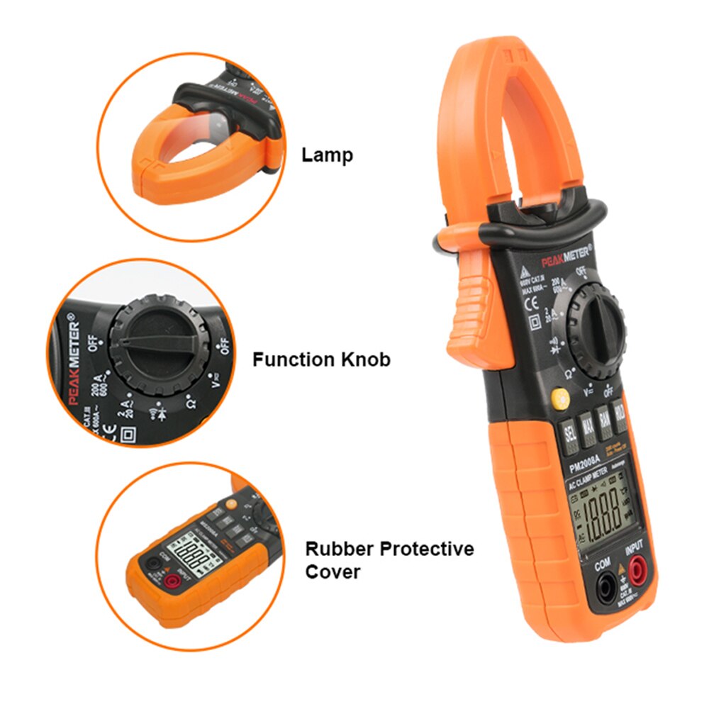 PEAKMETER PM2008A Digital Clamp Meters Auto Range Clamp Meter Ammeter Voltmeter Ohmmeter W/ LCD Backlight Current Voltage Tester