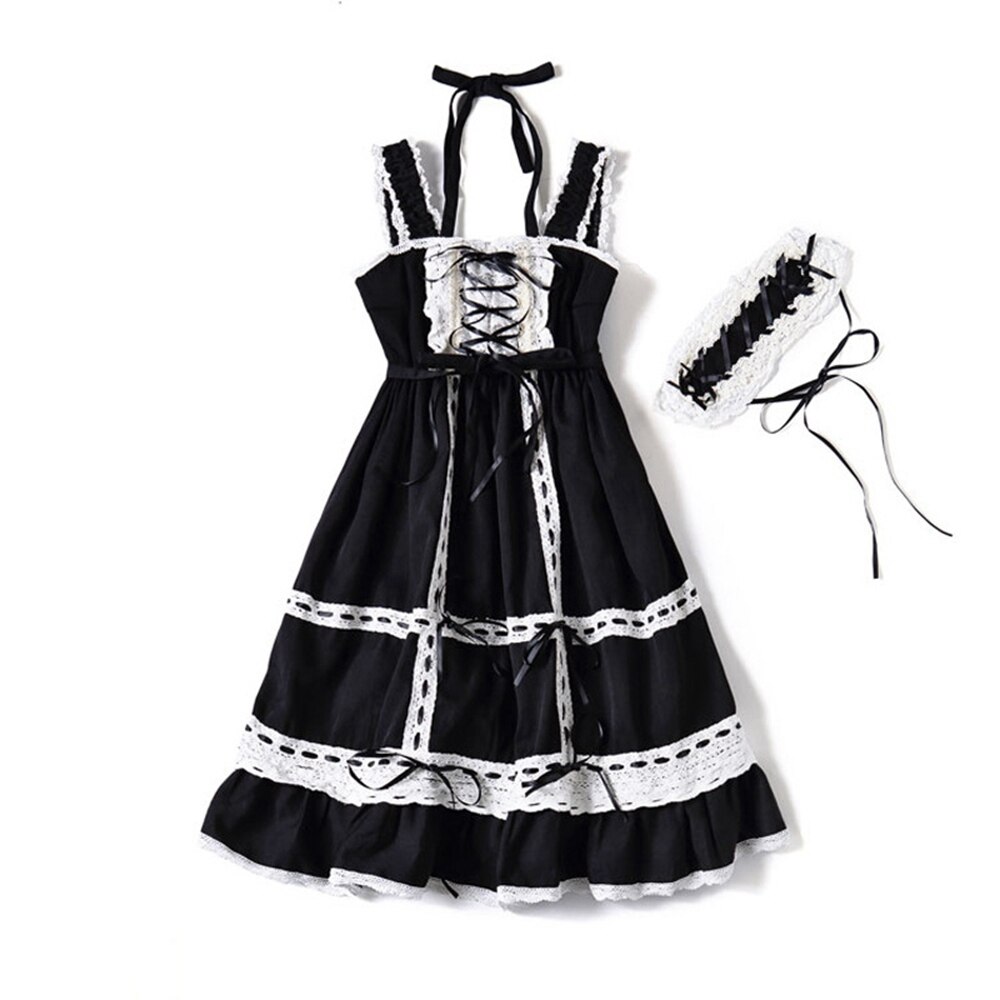 Lolita Princess Dress Sweet Ruffle JSK Dresses Lace UP Loli Straped Dress Kawaii Girl Women Vestidos With Headband AFC769: Black  JSK
