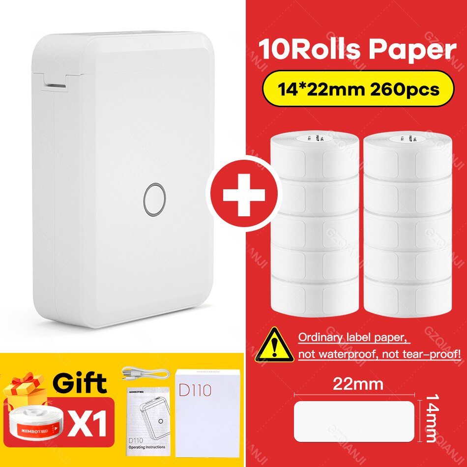 Niimbot D110 Portable Thermal Label printer Transparent Paper Pocket Mini Wireless Barcode Printer Bluetooth Machine D11 Maker: D110 Add 10 Rolls