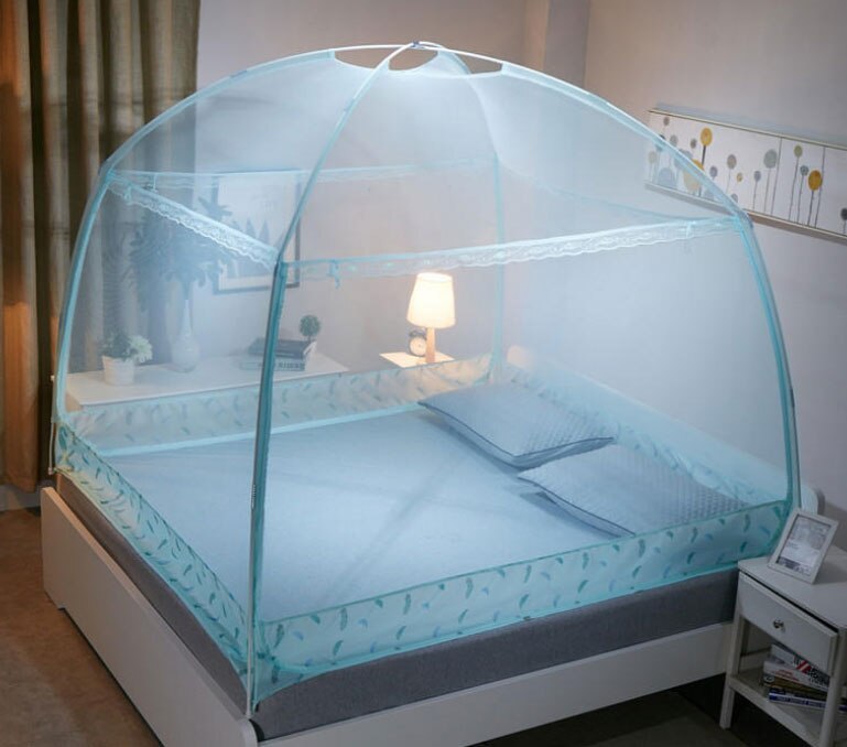 Lit à trois portes d'été en maille et repliable | Moustiquaire mongole pour yourte pliable, lit pour roi/reine, rideau pour auvent, tente de dôme: Aqua green / 180X200X170CM