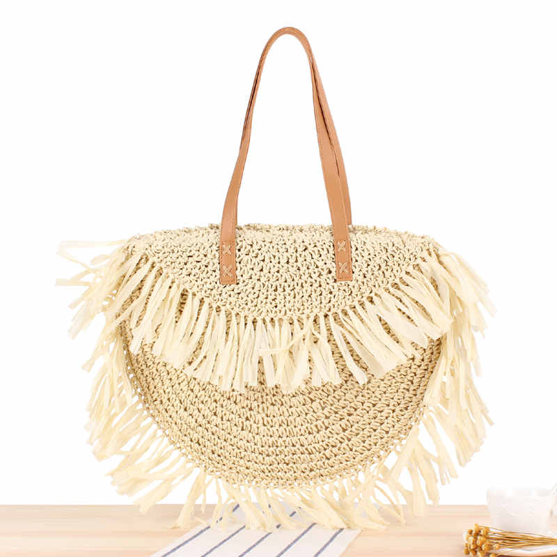 Bohemien Runde Quaste Frauen Stroh Tasche Spitze Papier Rattan Schulter Beutel Große Beiläufige Handtaschen Sommer Strand gewebte Geldbörsen: Beige