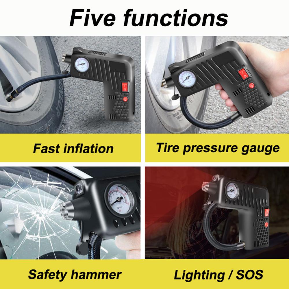 Portable Air Compressor Electric Auto Car Bike Tire Inflator Pump 12V Lighting Safety Hammer Test Tire Pressure Tool Accessory