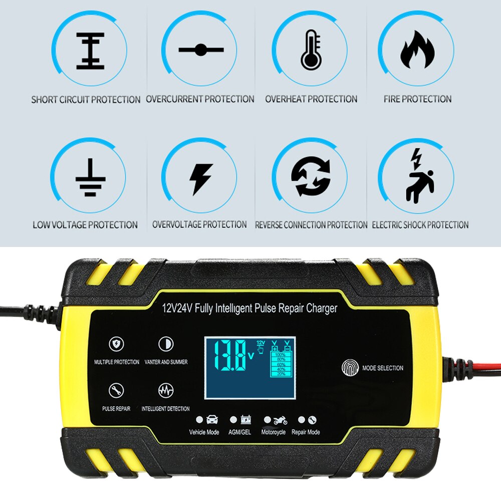 12V 24V Pulse Repairing Charger with LCD Display Motorcycle &amp; Car Battery Charger AGM GEL WET Lead Acid Battery Charger