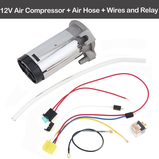 Universele 12V / 24V Air Compressor Hoorn 0.08 ~ 0.12mpa Met Luchtslang En Draden En Relais Voor luchthoorn Auto Vrachtwagen Voertuig Auto Suv: 12V Air Horn Set