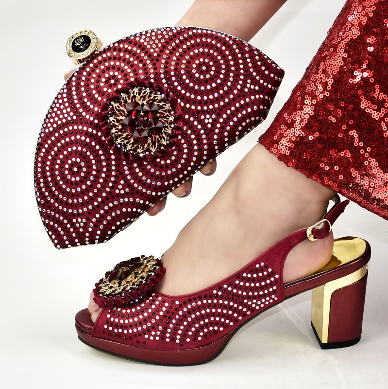 Rhinestone Wedding Shoes Italian Shoe and Bag Set for Party In Women Italian Women Wedding Pumps with Purse: Wine Red / 9