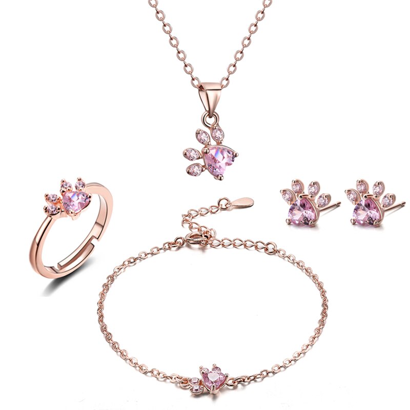 4 Stuks Kat Bear Poot Ring Voor Vrouwen Sieraden Sets Wit Cz Steen Zilveren Kleur Ringen Ketting Armband oorbel Set