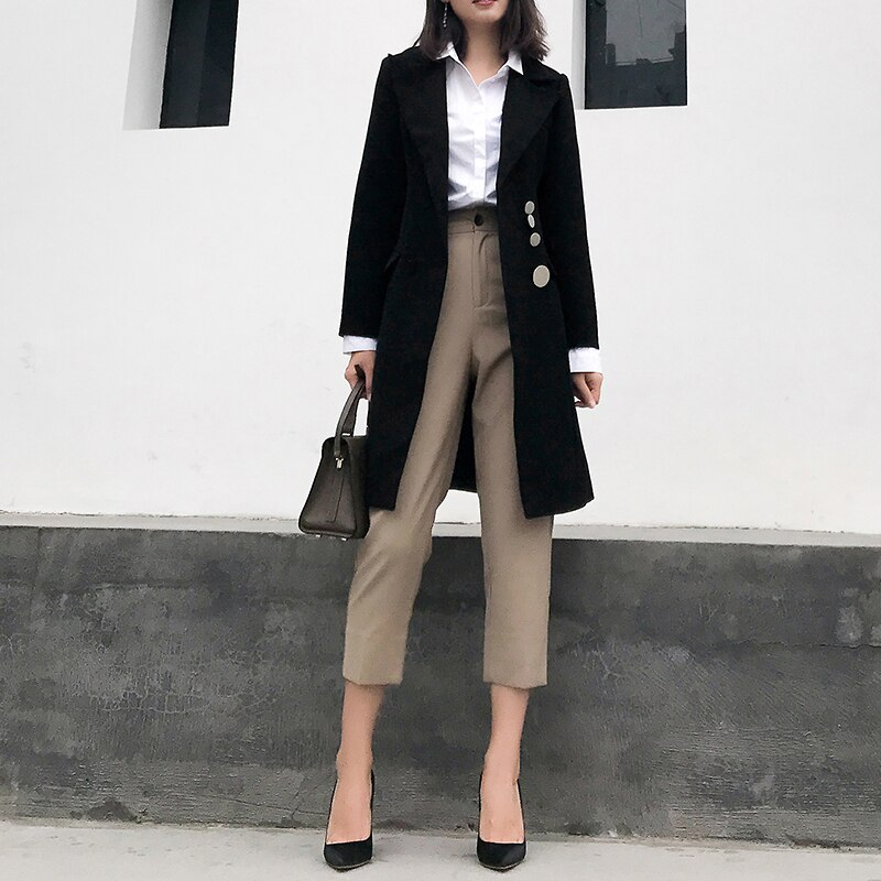 [eam] kvinder sort knapsøm lang blazer revers langærmet loose fit jakke tide forår efterår 1 w 524