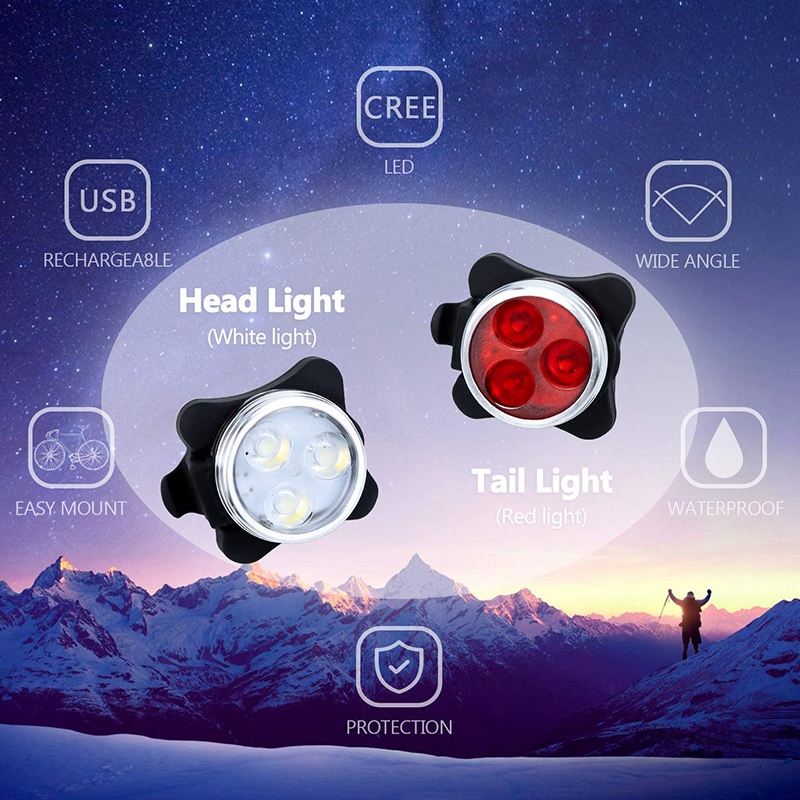 USB wiederaufladbare Fahrradbeleuchtung einstellen Licht (weißes Licht) & Rücklicht (LED rotes Licht) für Rennradzubehör, 2 einstellen