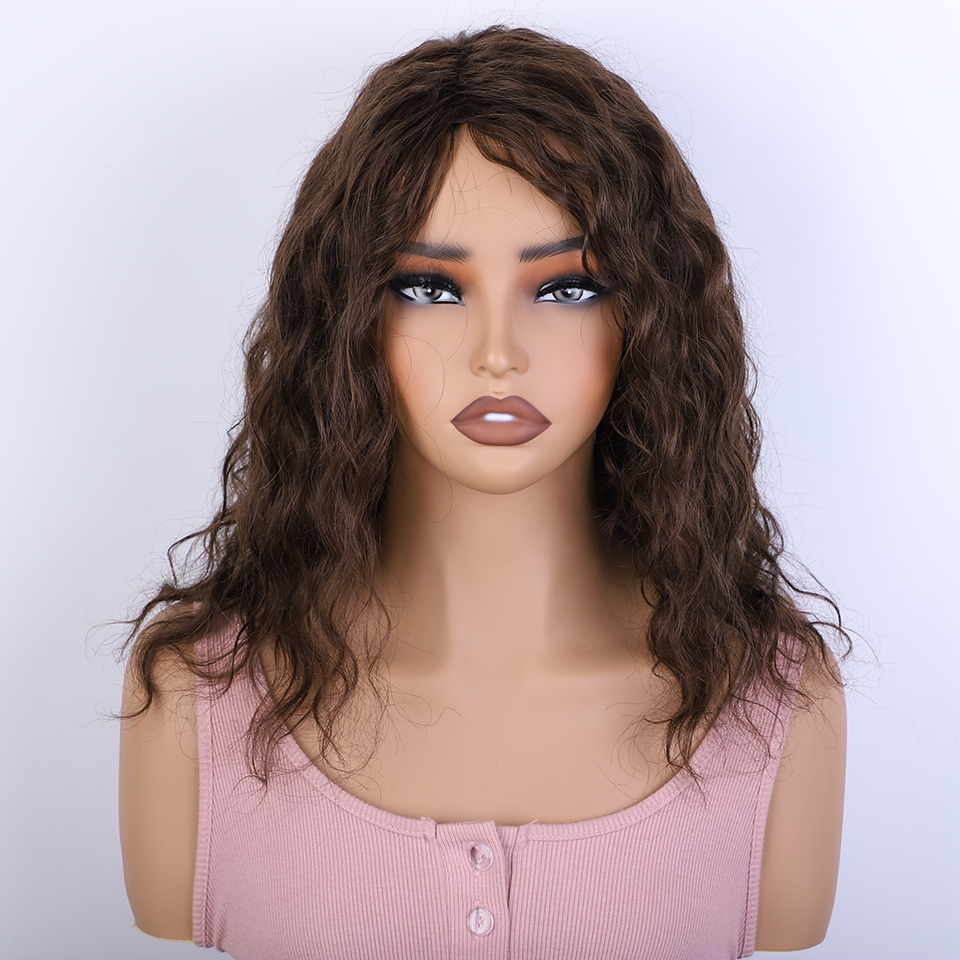 Perruque de cheveux humains bouclés au miel avec frange à franges, partie latérale, sans colle, pré-plumée, gros moelleux, marron, blond mélangé: # D99J