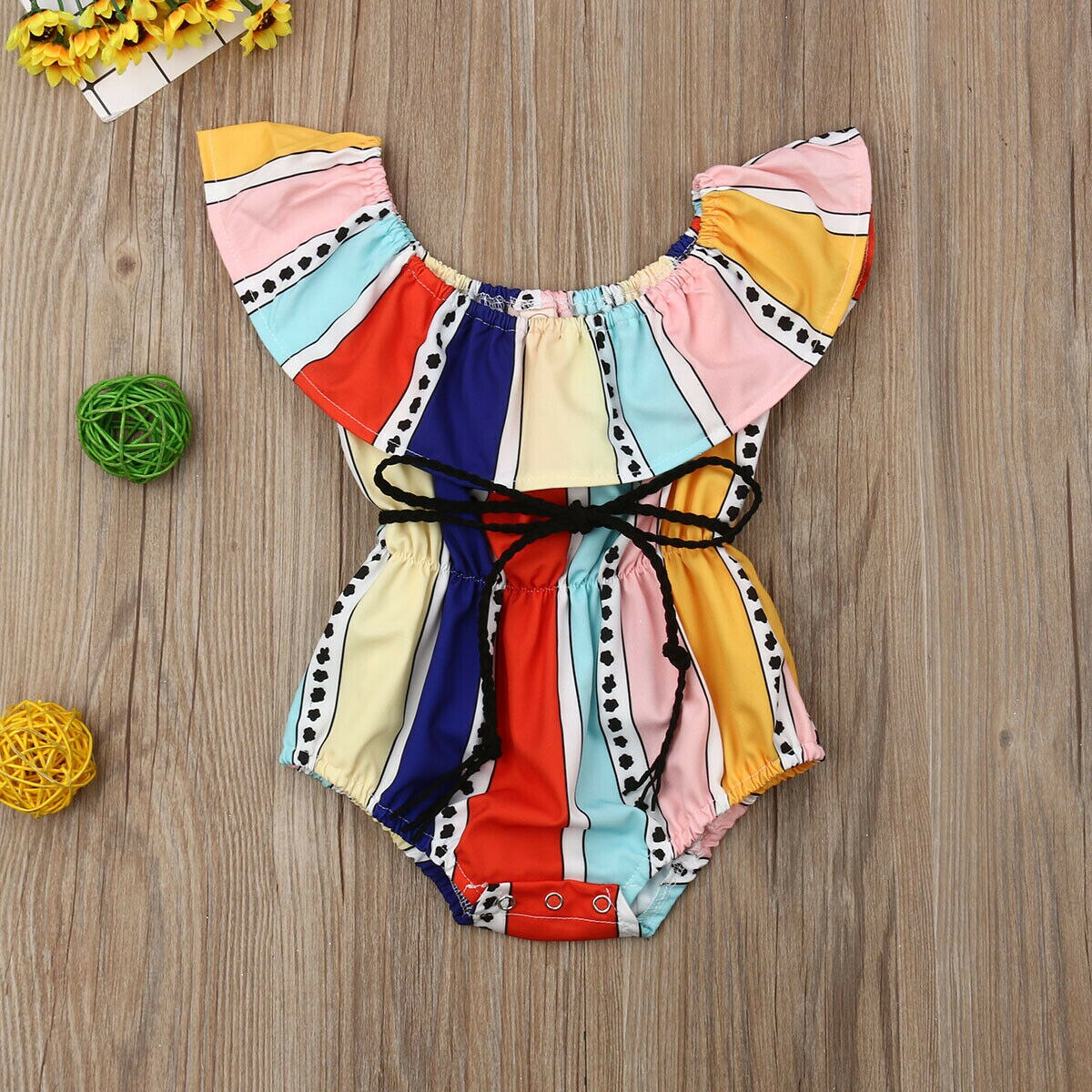Baby Summer Clothing 0-24M Infant Toddler Baby Kid Girl Colorful Striped Bodysuit Off Shoulder Jumpsuit Sunsuit Clothes