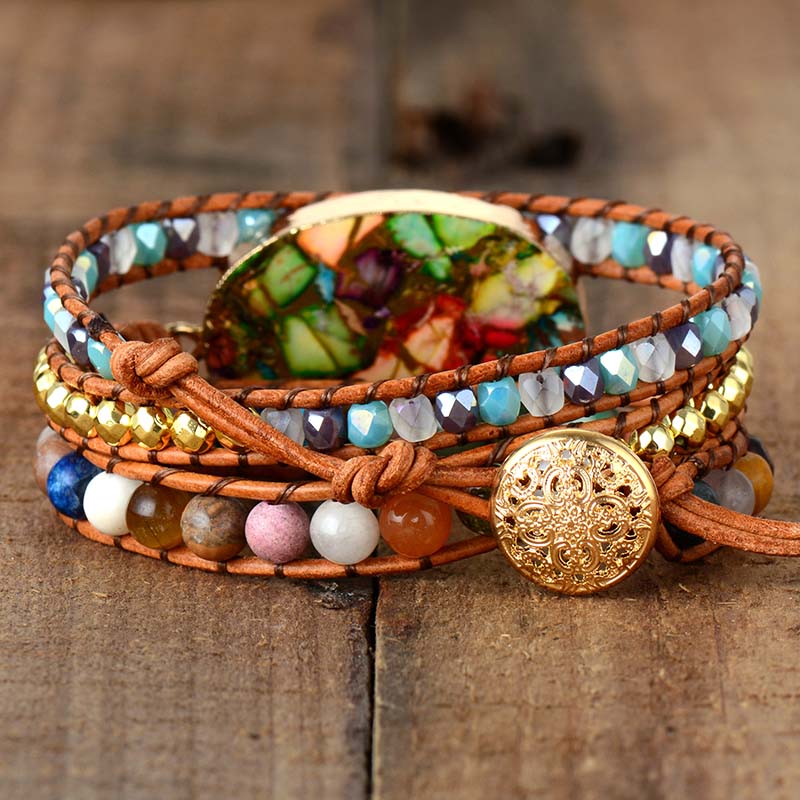 Exclusive Women Wrap Bracelets Natural Stone Rhinestone 3 Layers Leather Cuff Bracelet Femme Bracelets