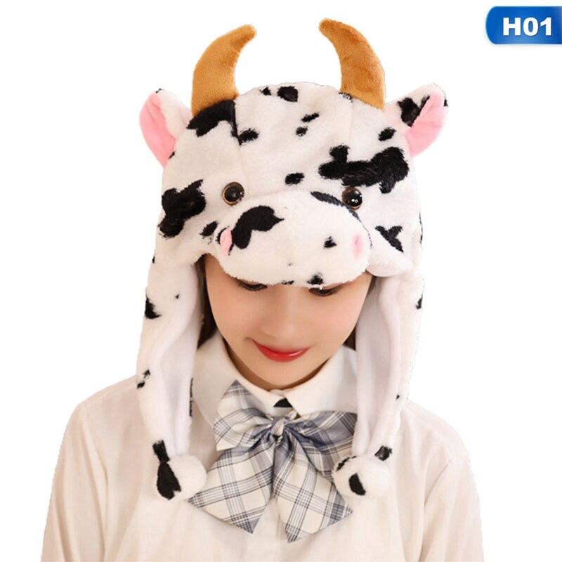 Plush Animal Hat Cow Ear Moving Jumping Hats Soft Warm Winter Headwear For Kids Girl Boy Cosplay Christmas Party Hat: H01