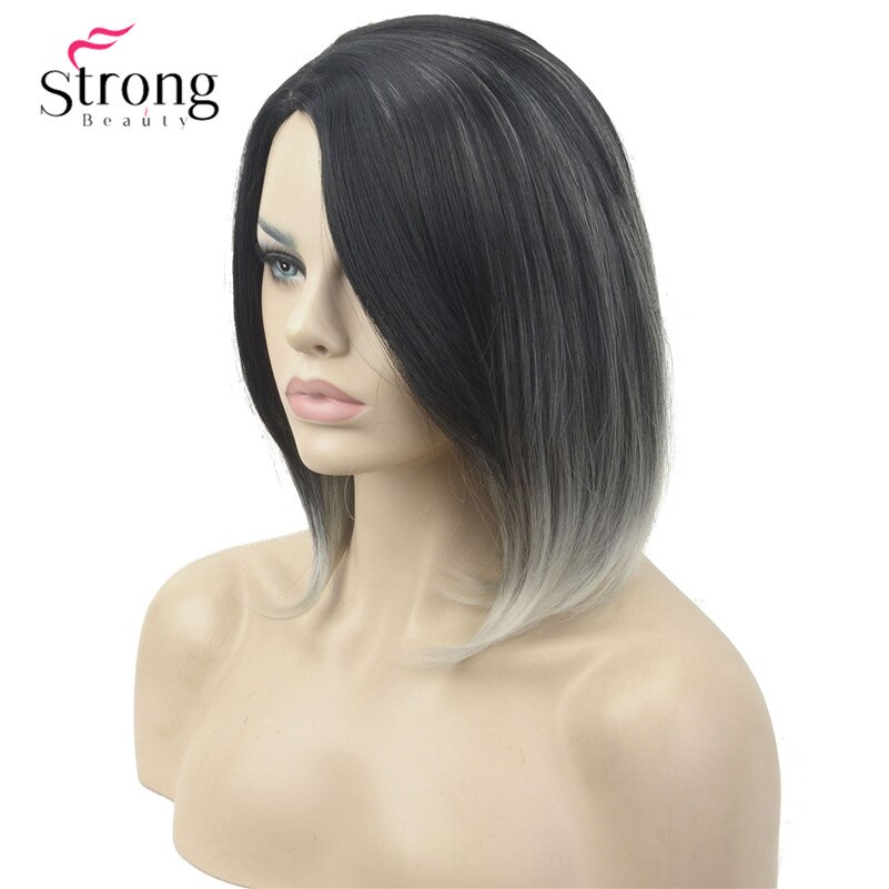 StrongBeauty Kurze Gerade Braun Hervorgehoben Bob Seite Gefegt Pony Synthetische Perücke FARBE ENTSCHEIDUNGEN: H-WG1131 1BT60