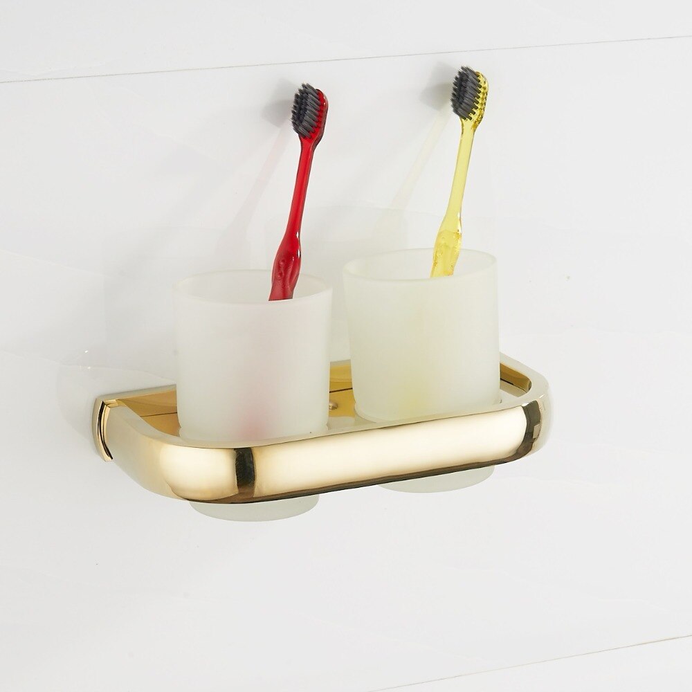 Goud Tandenborstel Houder Badkamer Glashouder Dubbele Glazen Beker Decoratie Wandmontage Badkamer Accessoires