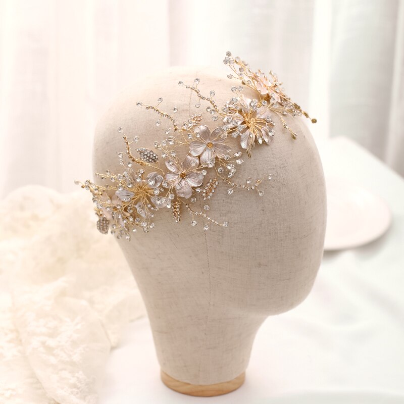 Casamento tiara de cristal de ouro flor artesanal noiva headdress folha jóias de cabelo princesa bandana noiva acessórios de cabelo