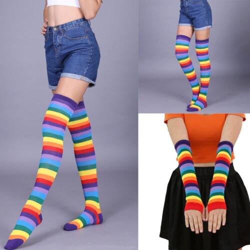 Women Ladies Rainbow Thigh High Socks Girl Arm Warmer Mitten Stretchy Gloves