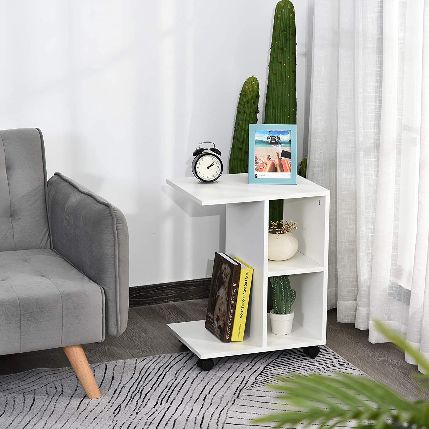 Shape End Table Unique Storage Unit w/ 2 Shelves 4 Wheels Freestanding Home Office Furniture Cabinet Square Studio White