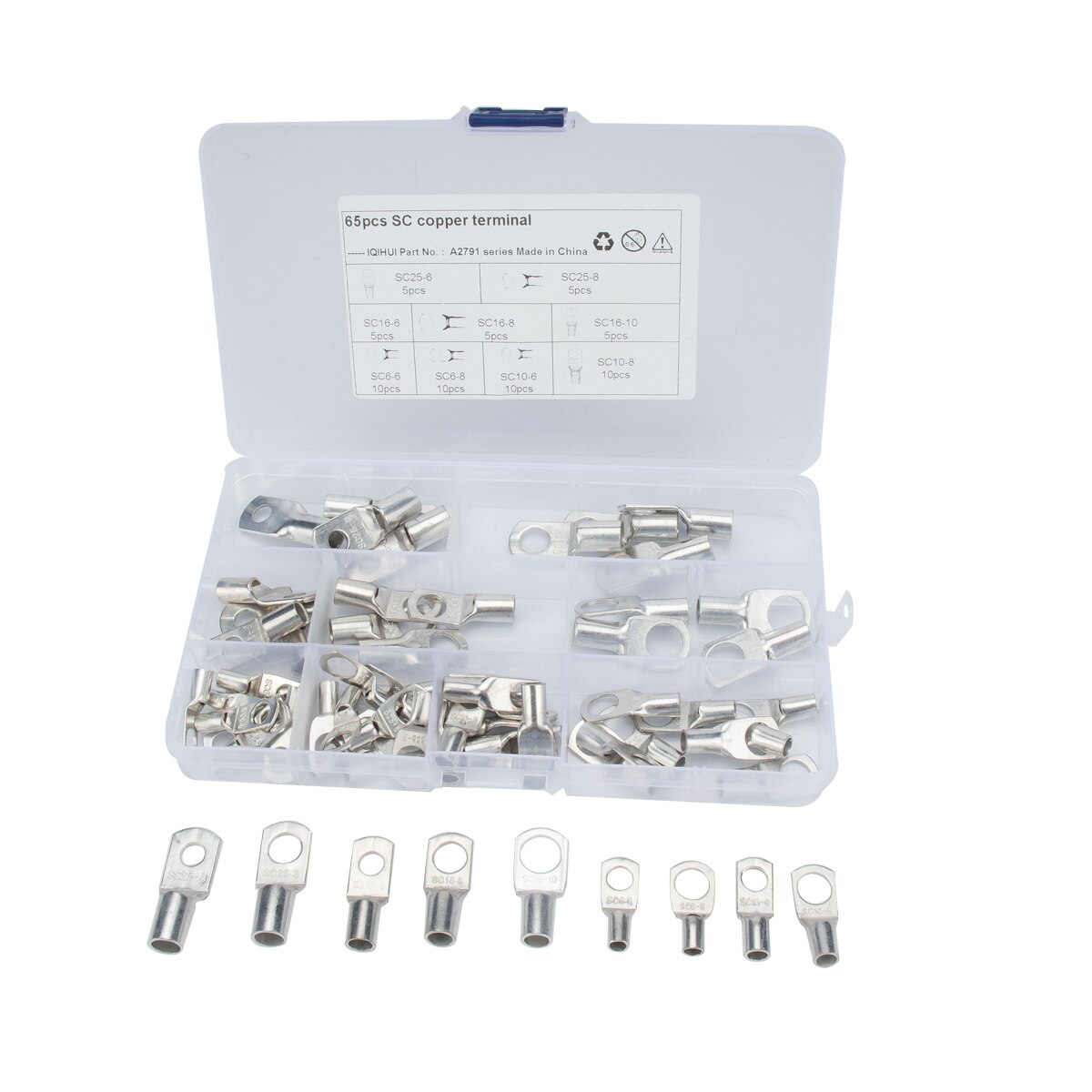 65 Uds cobre estañado con orificio para perno terminales Cable lugs batería SC anillo terminales conectores Kit surtido: Default Title
