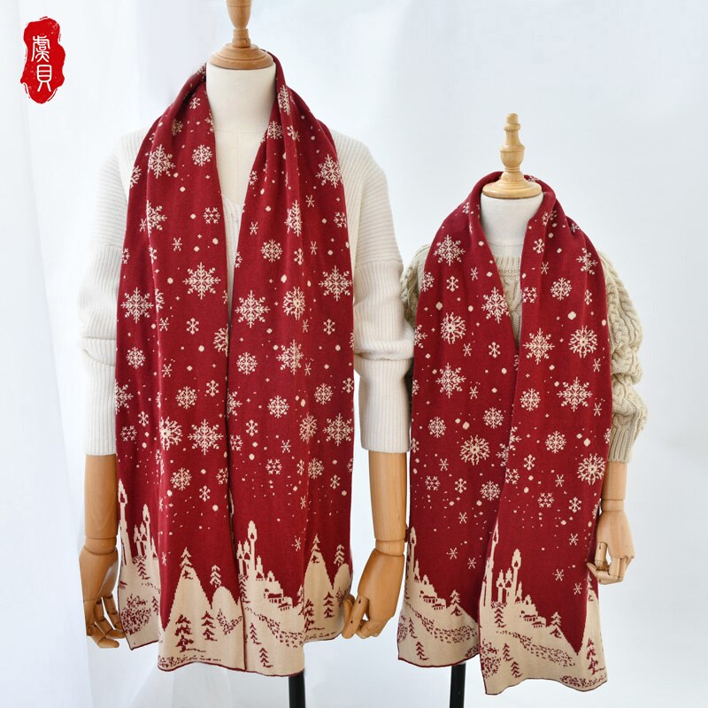 Christmas scarf child snowflake pure cotton shawl winter red knitting warm cute parent-child long scarves for boy girl kids