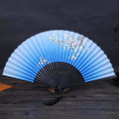 Abanico de bambú de estilo chino clásico, abanico plegable con estampado de flores para mujer, abanicos de mano para bailar, decoración artesanal para fiestas y bodas: skyblue