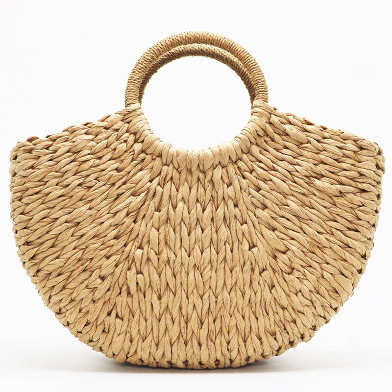 neue Handgemachte Tasche Frauen Pompon Strand Weben Damen papier Stroh Tasche Gewickelt Strand Tasche Mond geformt Tasche