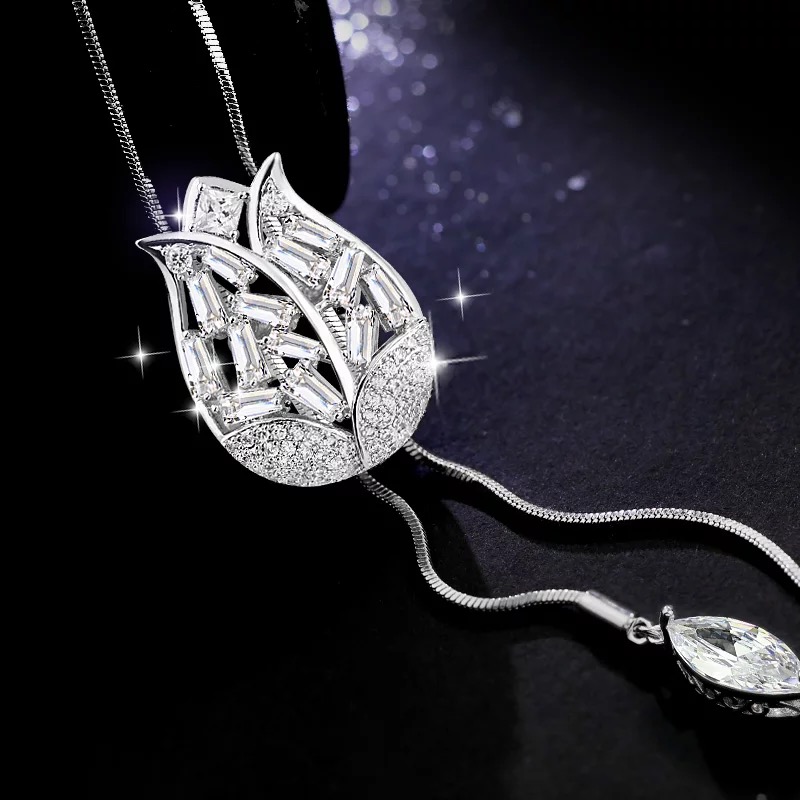 Collar largo con colgante de tulipán Shampee azul de cristal hueco único a la , collar largo con cadena de Color plateado para mujer