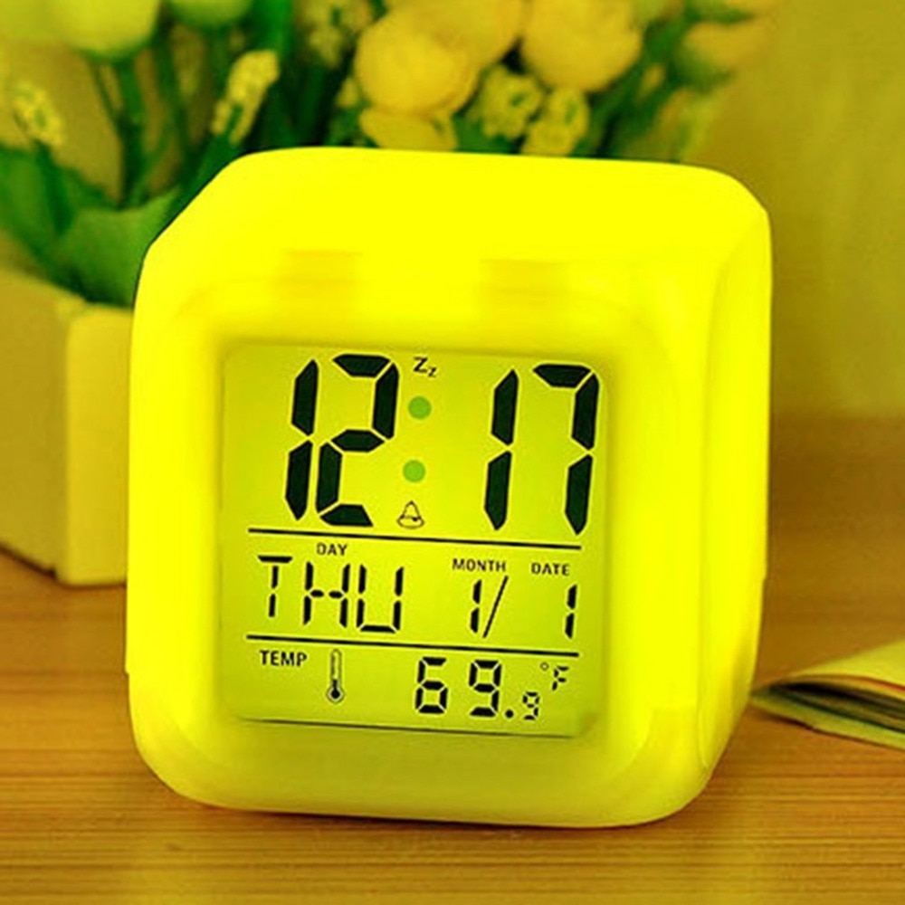 Portable Lovely 7 Colors Change Square Digital Alarm Clock with LCD Screen Display Luminous Mode Home Office Use