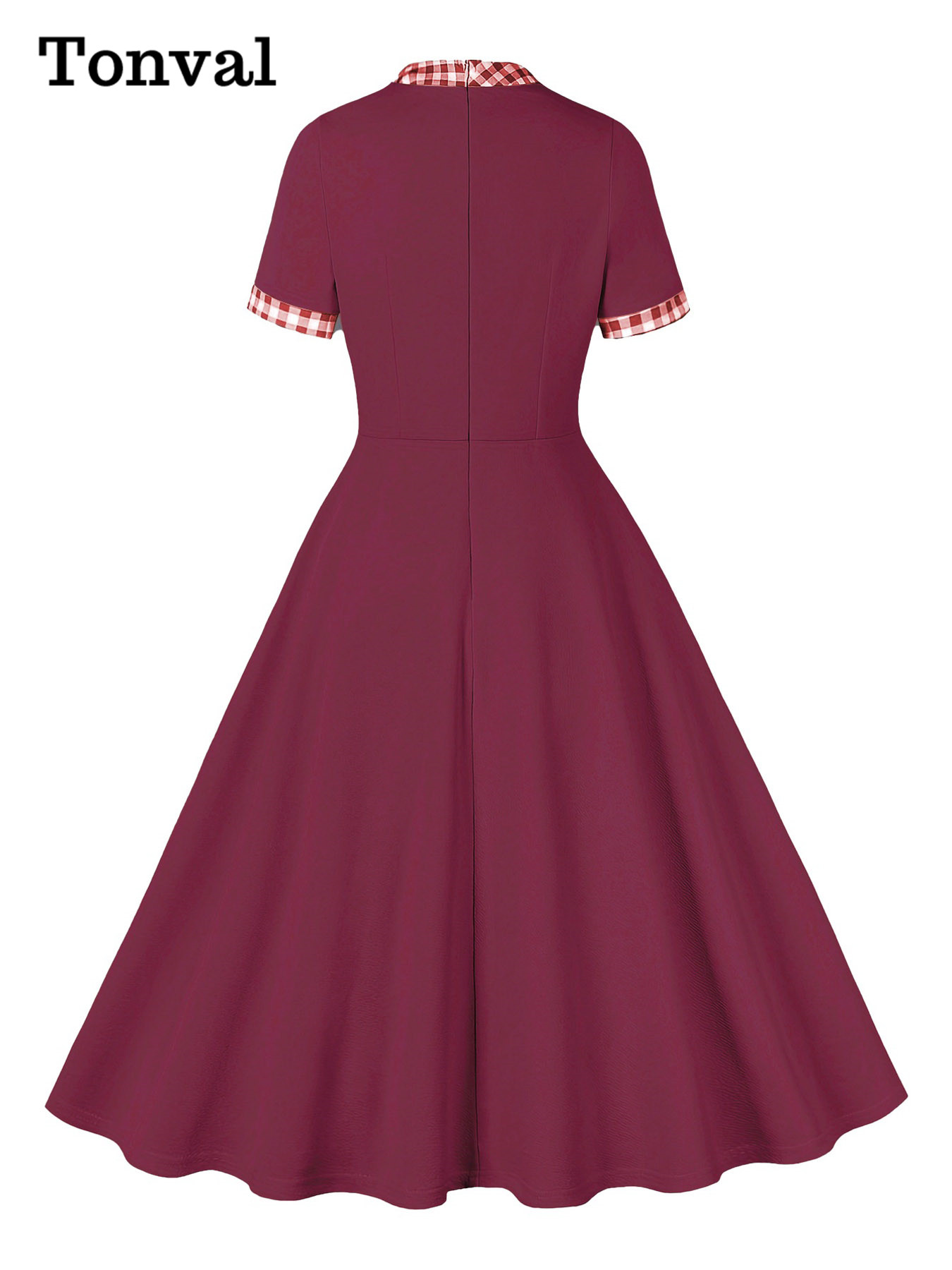 Tonval Contrast Plaid Tie Neck 1950s Dresses Birthday Women Gorgeous Clothes Summer A-Line Flare Dress