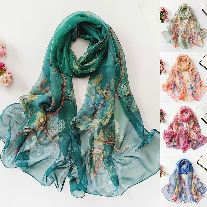 Mode Zon Zijden Sjaal Vrouwen Bloem Georgette Bandana Elegante Zee Strand Shawl Soft Hijab Lange Dunne Zijden Sjaal