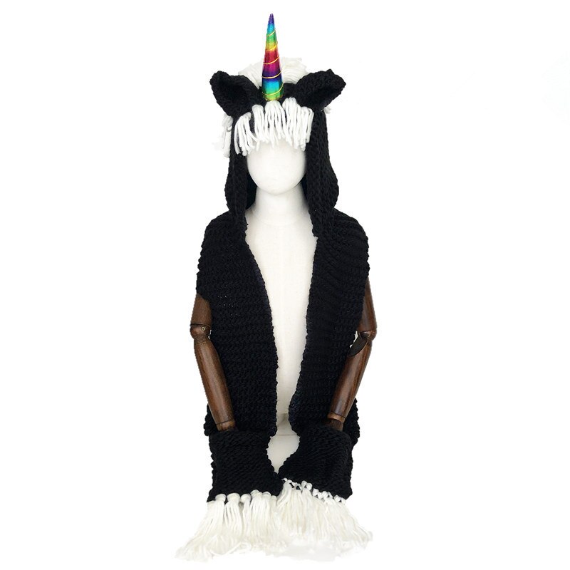 Kids Girls Rainbow Unicorn Soft Skullies Beanies Hats Shawl Scarf Set With Two Pockets Warm Knitted Bonnet Cap Christmas: B mix horn / S
