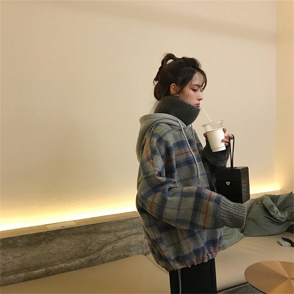 Kpop sweat à capuche haut pour femme Plaid à manches longues faux deux pièces col haut pulls sweat femmes hiver Pastel vêtements sweats à capuche chauds