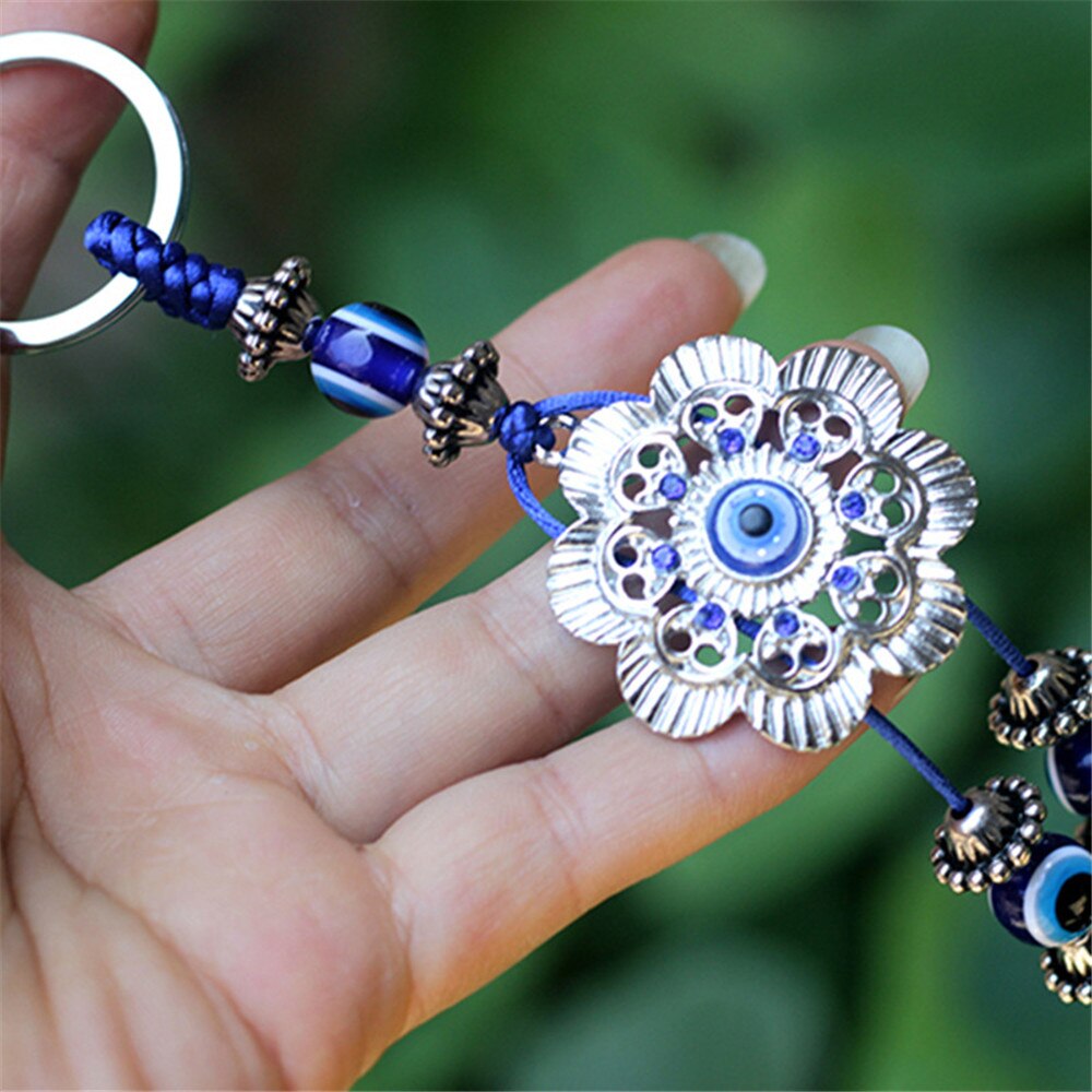 Türkei Blau Auge Silber Blumen Schlüssel Kette Neue Produkt Türkische Teufel Auge Glück Auto Anhänger Hause Zauberstab Hängen Ornamente