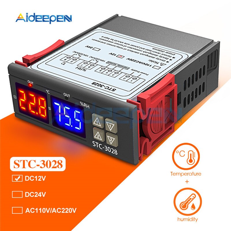 Stc -3008 stc -3018 stc -3028 dubbele digitale temperatuur-vochtigheidsregelaar thermostaat 10a met ntc-sensorsonde thermoregulator: Stc -3028 dc 12v