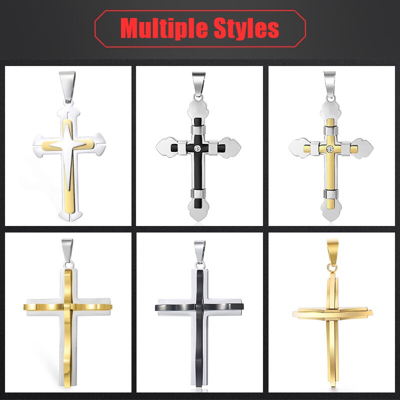 Davieslee 15 Styles Stainless Steel Cross Pendant for Men Gold Silver Color Multi Layers Clear CZ Trendy Jewelry DLKPP1