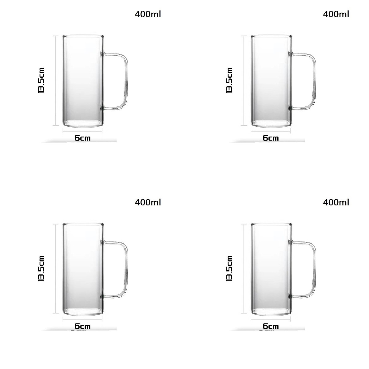 Grands verres résistants à la chaleur avec poignée, 4 pièces, verres transparents pour jus, vin, verre de cristal, sans plomb, verres à eau: D