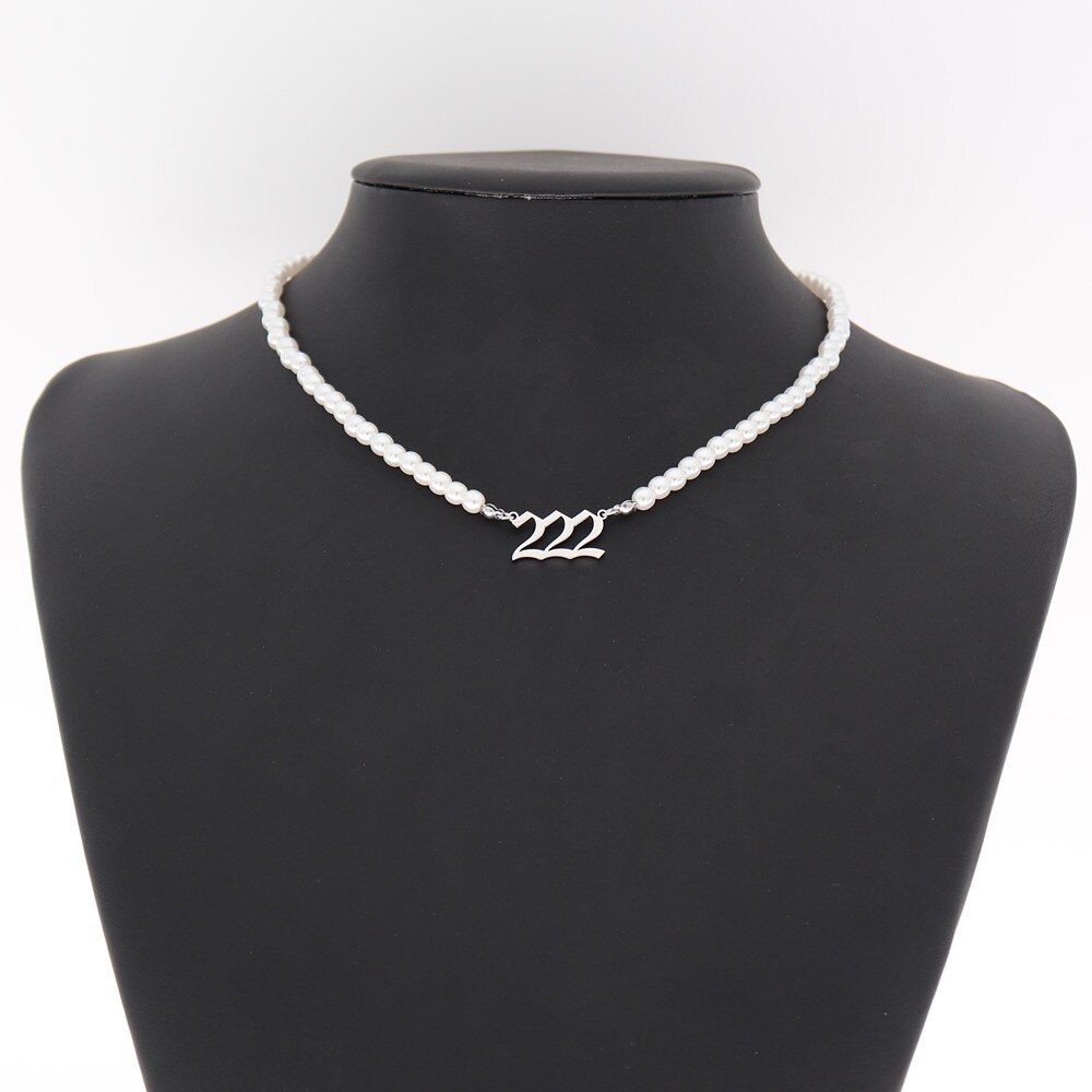 Edelstahl Engel Anzahl Halskette Perle Kette Choker 444 999 888 222 555 666 333 777 Boho Schmuck Teufel Colar gold Halsketten: Silver  222 Pearl