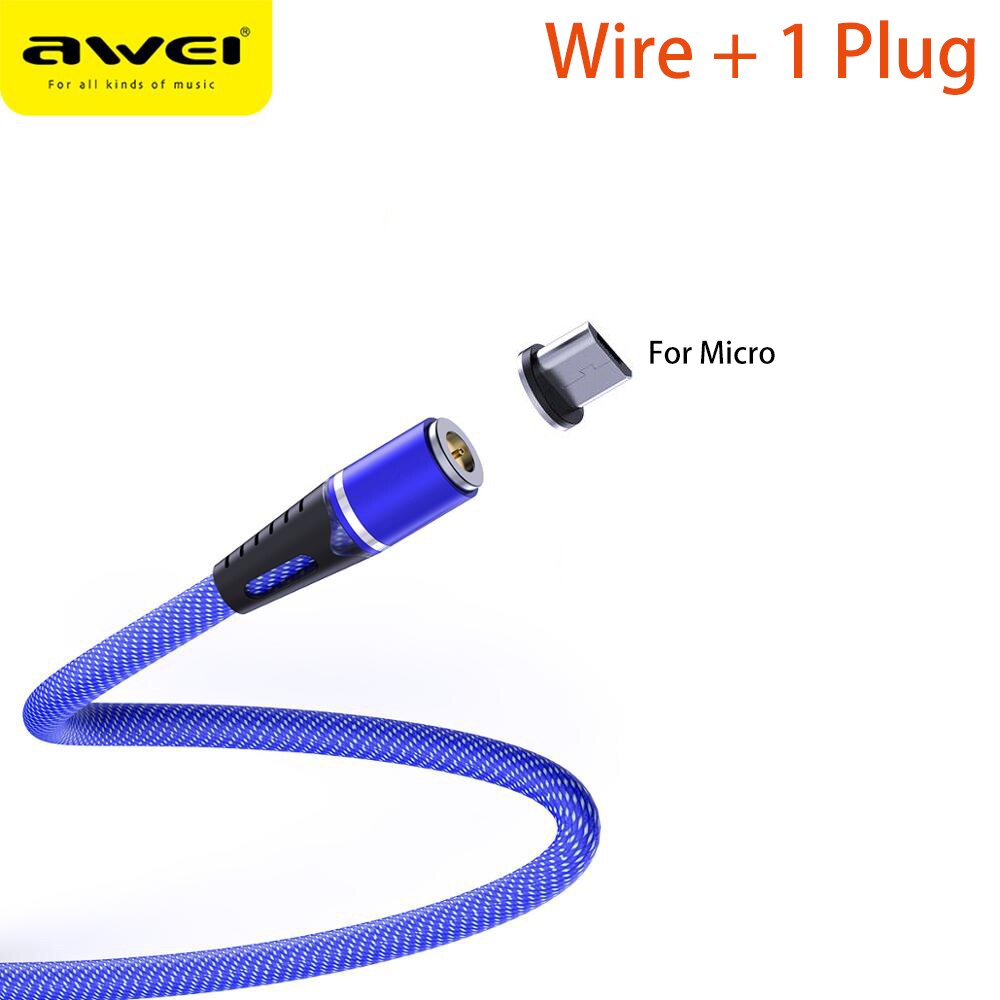 Awei led magnetische kabel 3 in 1 oplaadkabel snel 360 graden type c usb-kabel micro usb magnetische oplader snel voor mobiele telefoon: Blauwe micro
