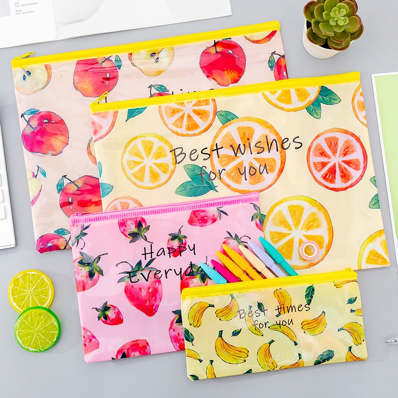 Bolsa de lápices de fruta original, estuche de malla Kawaii, archivador, estuche grande de pluma de PVC para niñas, papelería coreana, suministros escolares