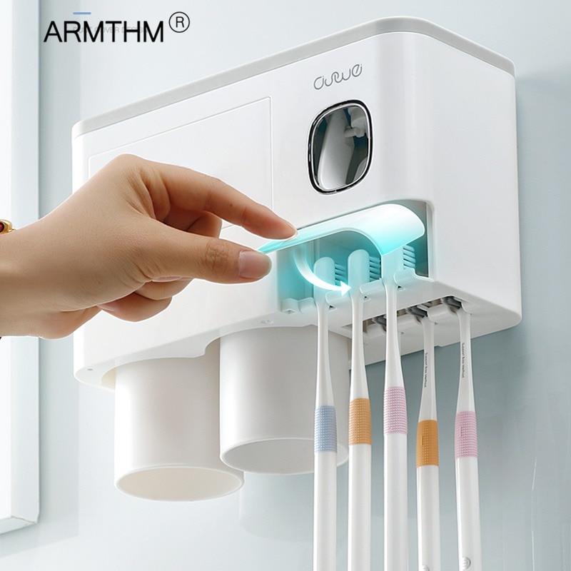 Toothbrush Holder Wall Mount Magnetic Adsorption Inverted Toothpaste Dispenser Makeup Storage Rack For Bathroom Accessories Set