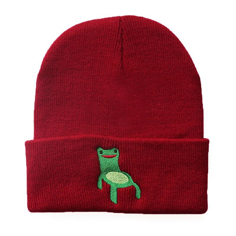 Froggy Chair Embroidered Beanie for Men Women Frog Hat Winter Warm Knitted Hat Ski Outdoor Hats 6 Colors: Burgundy