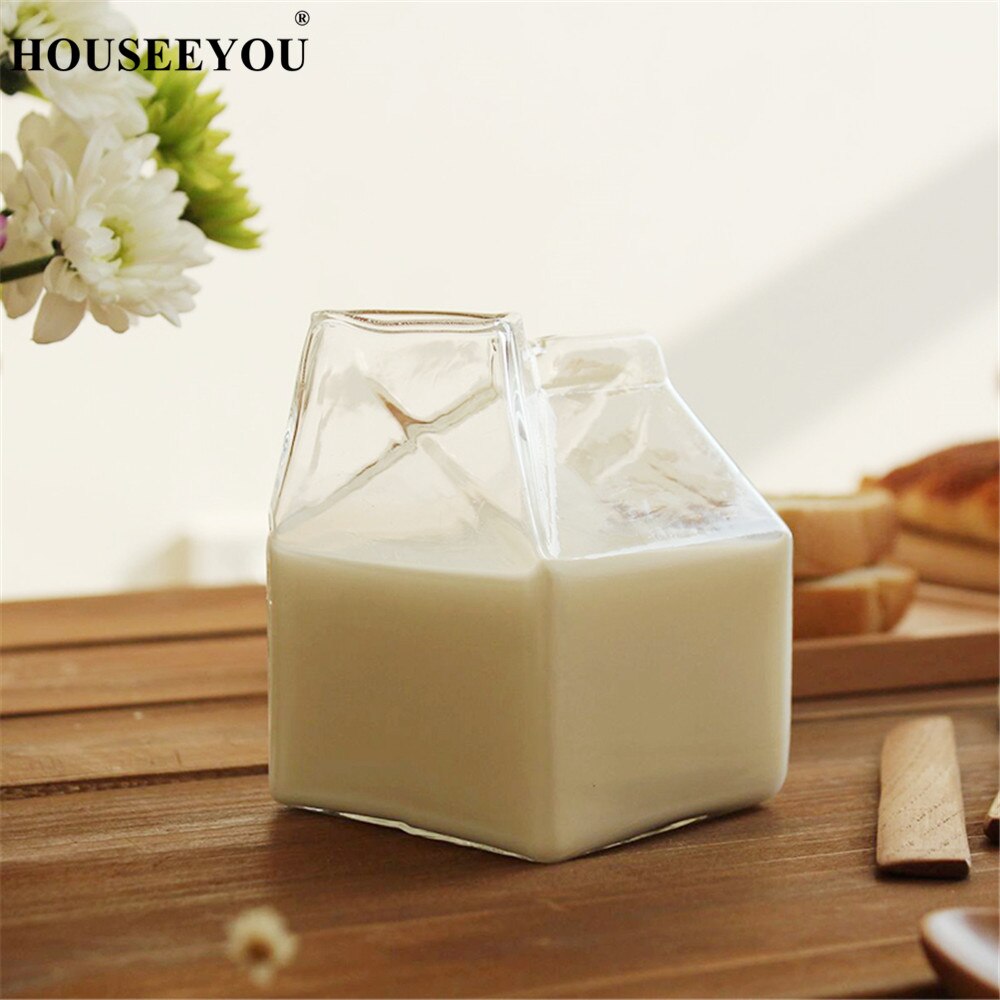 HOUSEEYOU 350ML Milk Box Shaped Glass Cup Coffee Cups Mug Juice Drinking Bottle Clear Glass Home Bar Restaurant Tools