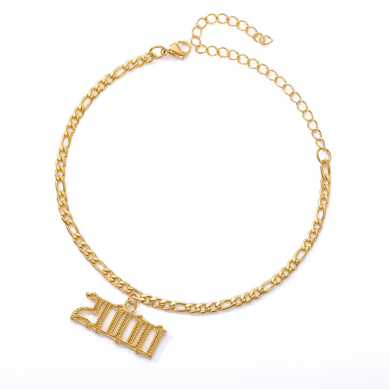 Bracelet cheville numéro d'année bracelets de cheville pour femme boho bijoux lien cubain chaîne de pied acier inoxydable police ancienne anglaise bracelet de cheville or: 2000