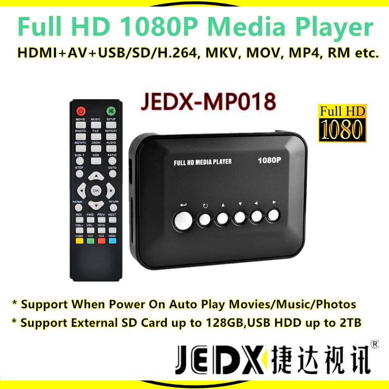 Jedx  mp018 full  hd 1080p medieafspiller med hdmi av usb sd h .264,  mkv, mov , mp4,  rm osv.