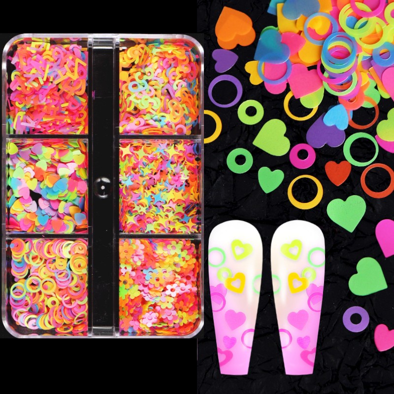 Neon- Herz Schmetterling Nagel Pailletten einstellen Irridescent Stern Blume 3D Charme Flocken Dekoration für Nagellack funkeln Zubehör: 6G-YGHH2
